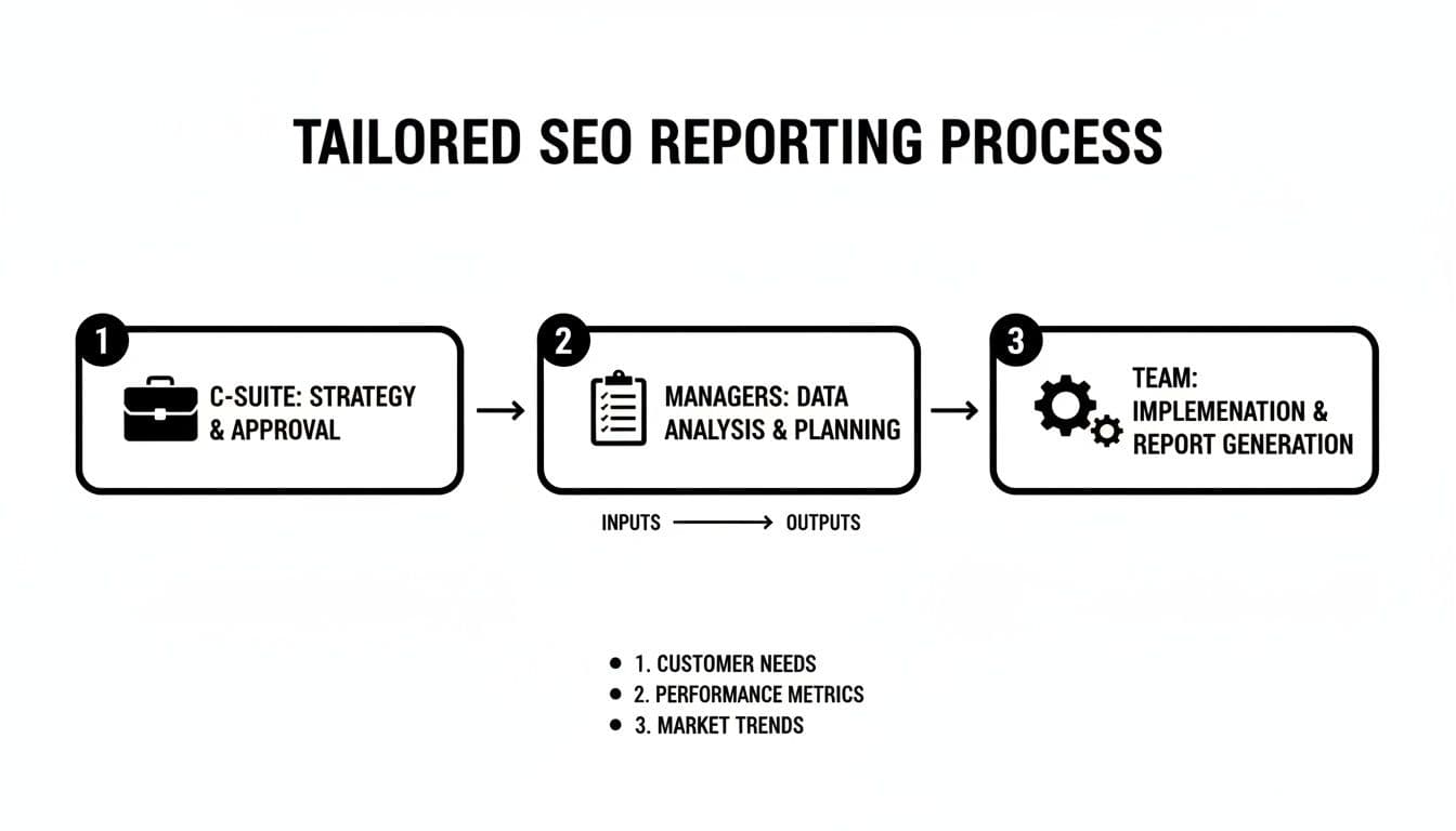 Diagram illustrating a tailored SEO reporting process, detailing steps for C-suite, managers, and team, including inputs.