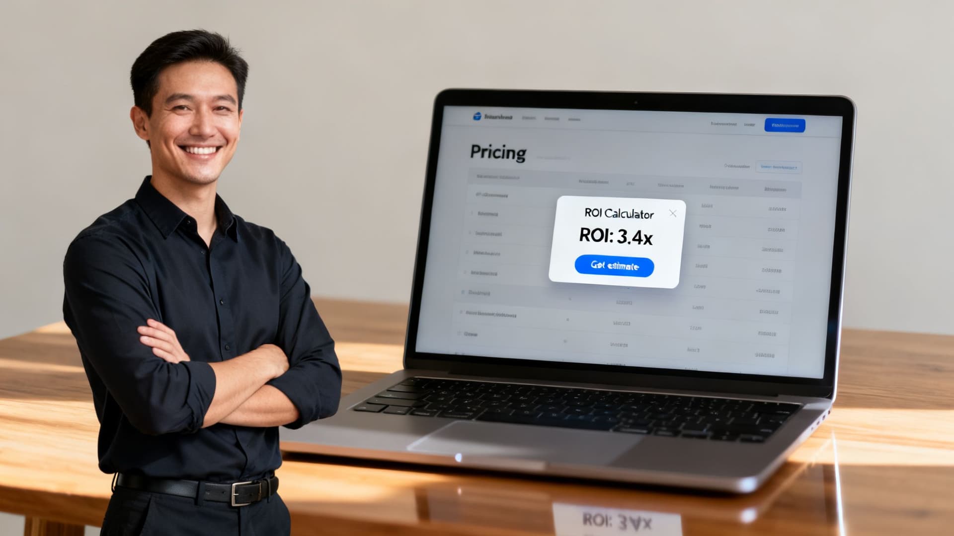 Smiling man with crossed arms next to a laptop displaying an ROI calculator on a pricing page.