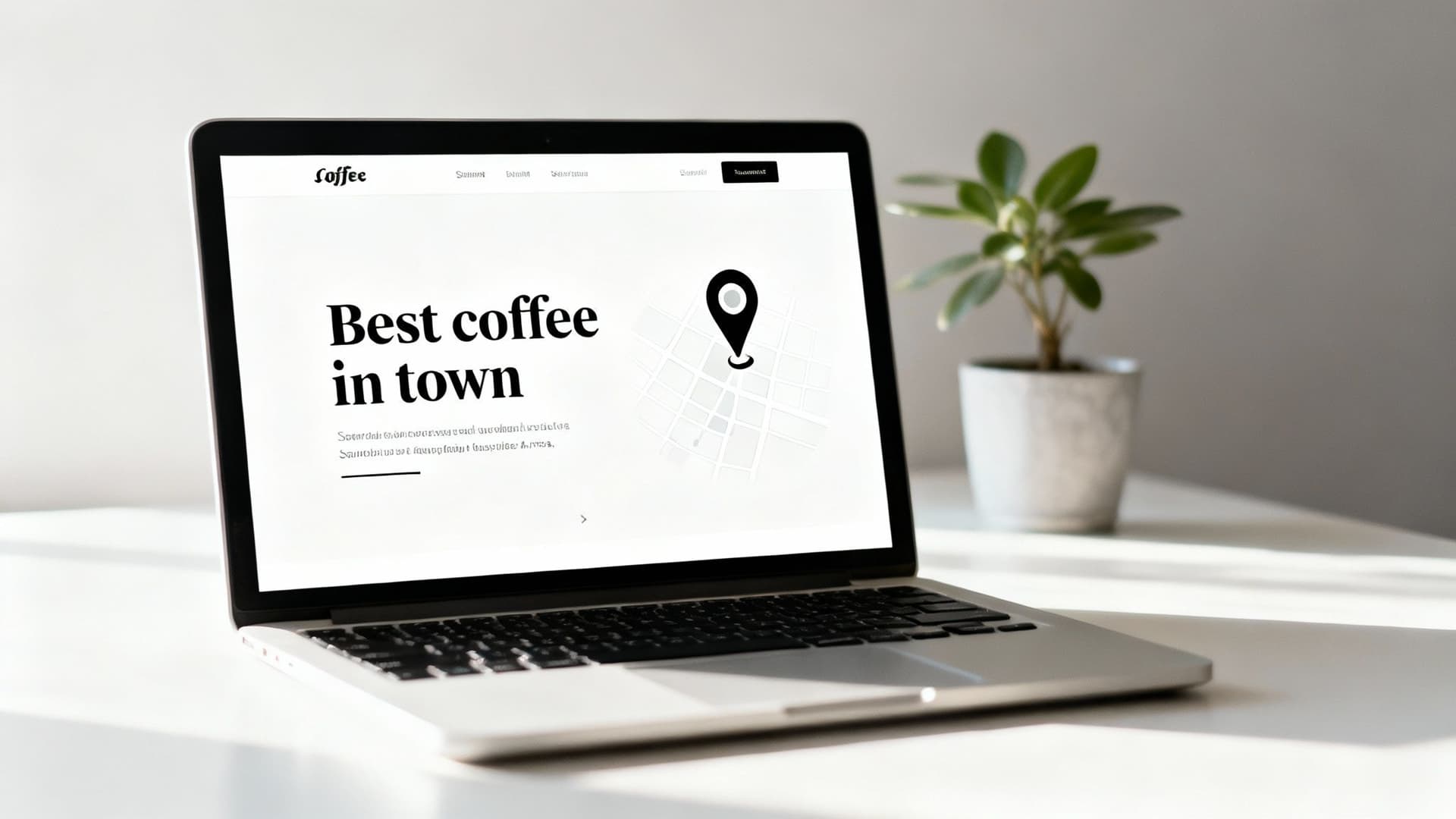 Laptop displaying a coffee shop website with 'Best coffee in town' and a map location pin.