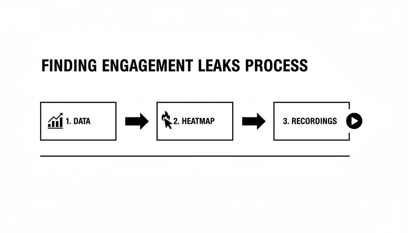 Flowchart showing steps to find engagement leaks: Data, Heatmap, and Recordings for user analysis.