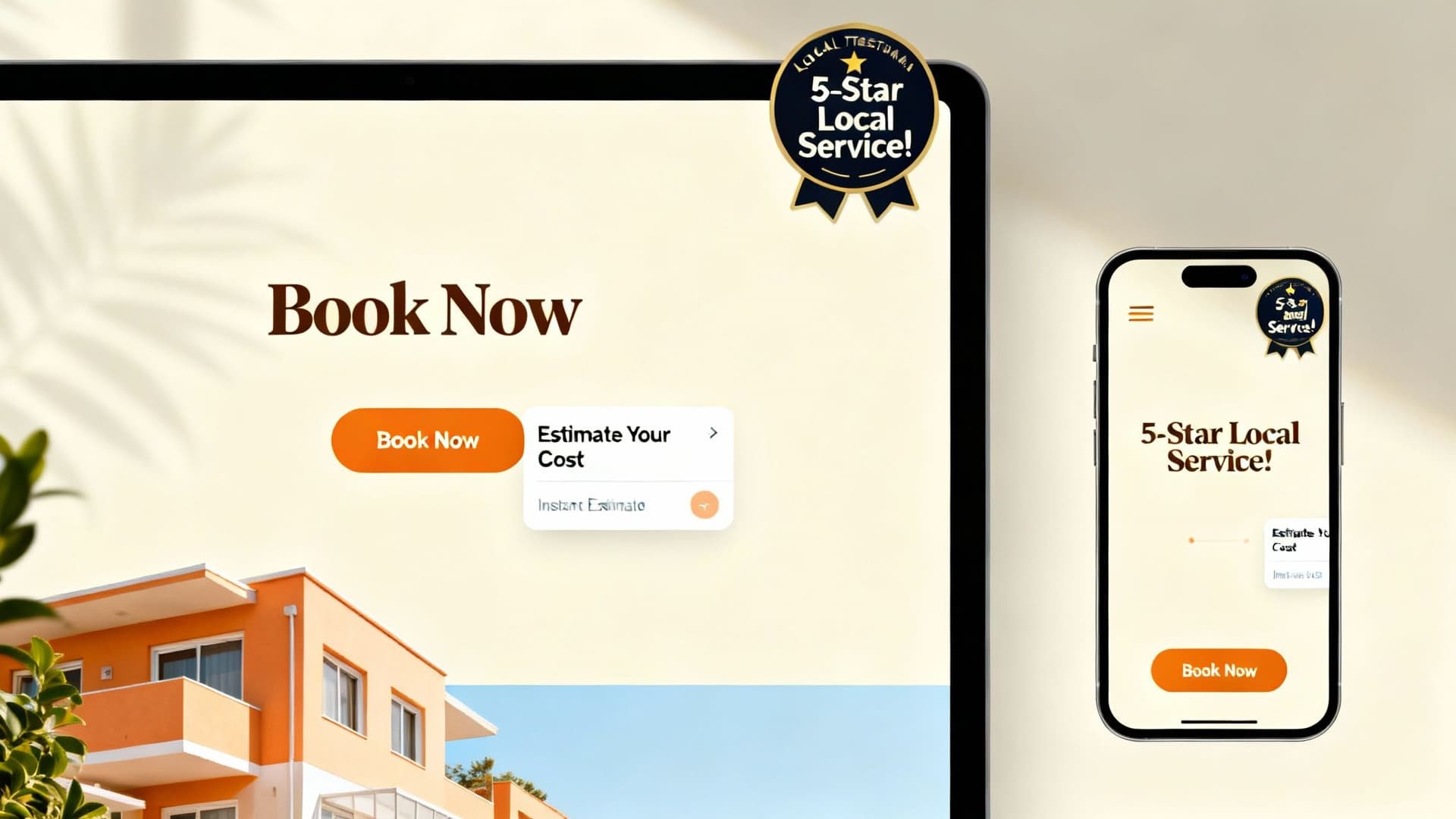 Mobile responsive booking interface showcasing five-star local service with instant estimate and book now buttons
