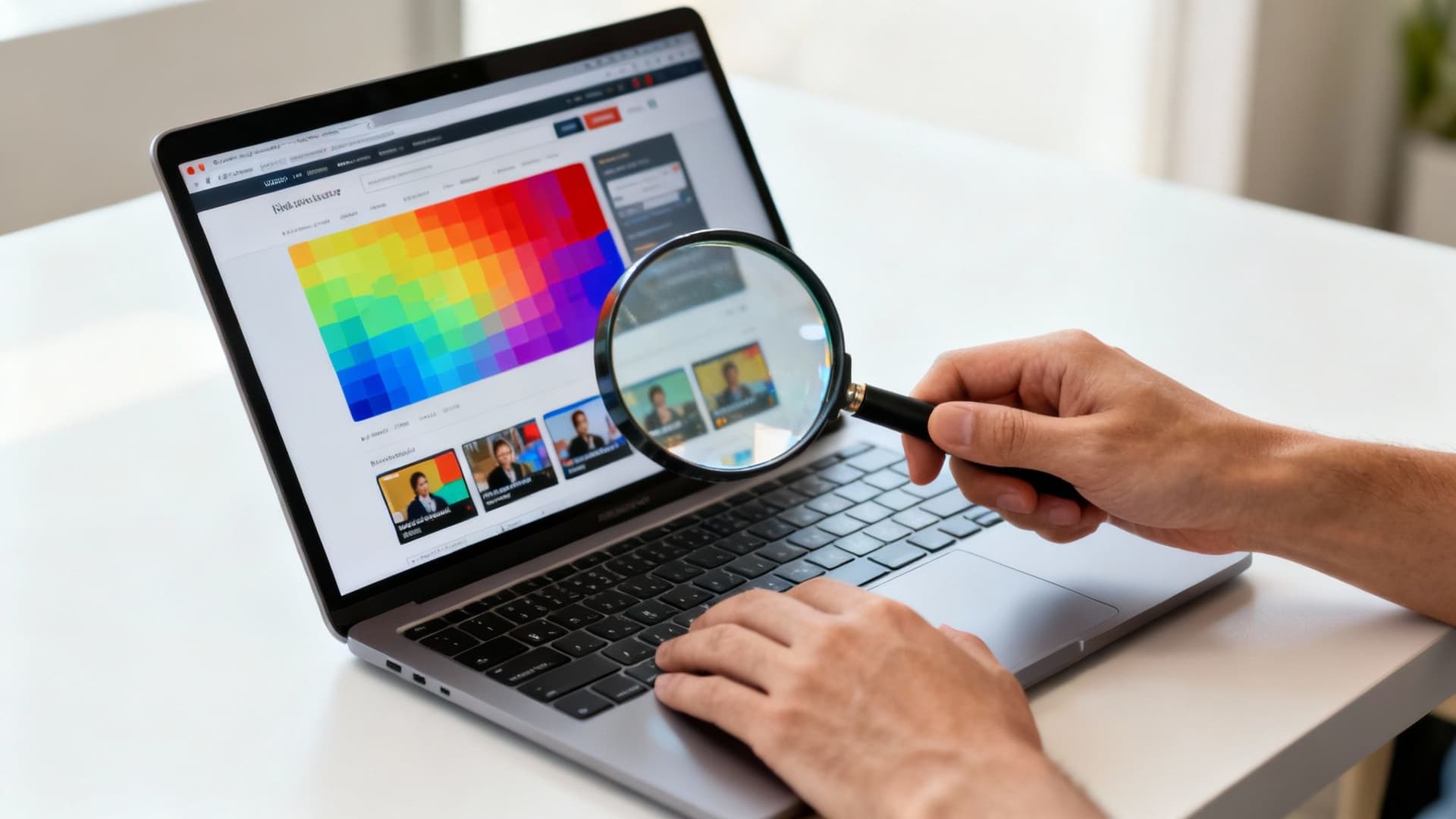 Person's hands using a laptop with a color palette and videos, holding a magnifying glass for analysis.