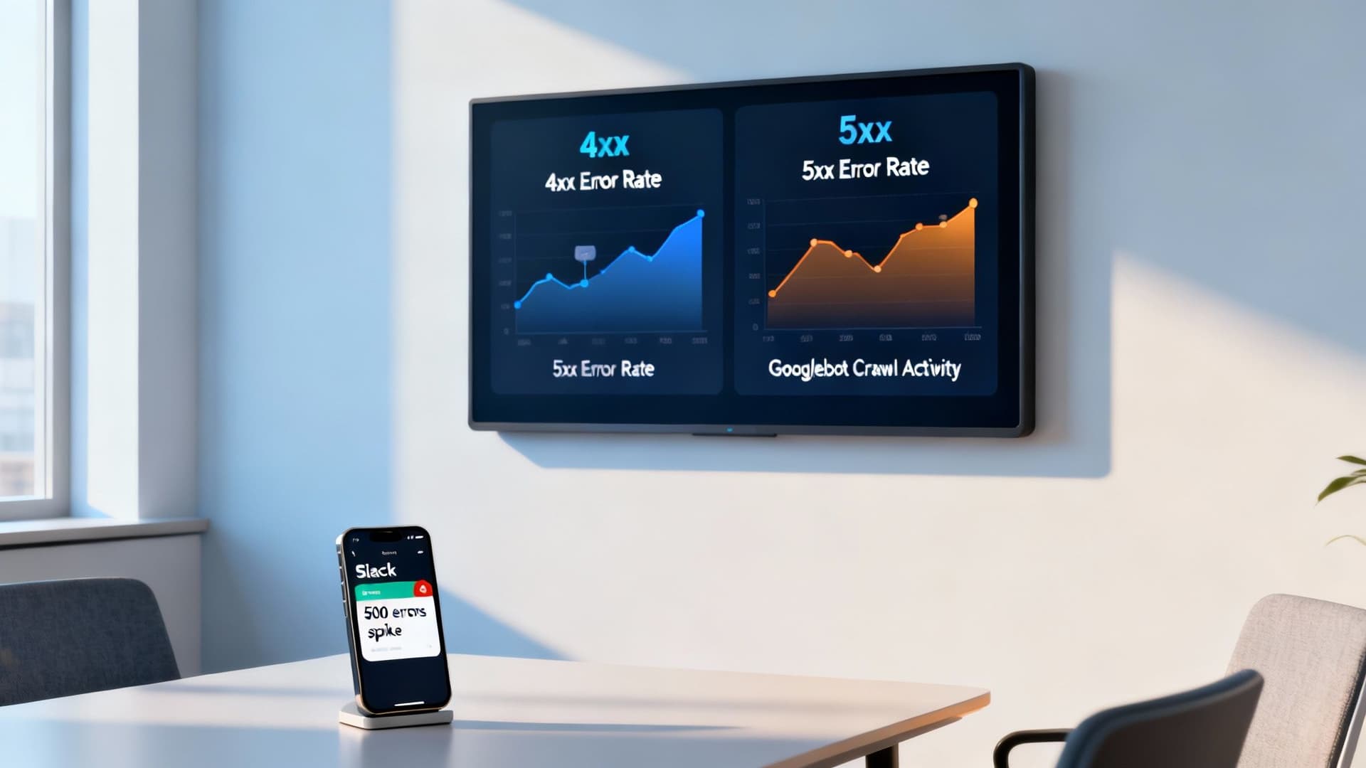 Digital display monitors website error rates, and a phone shows a critical 500 errors spike.