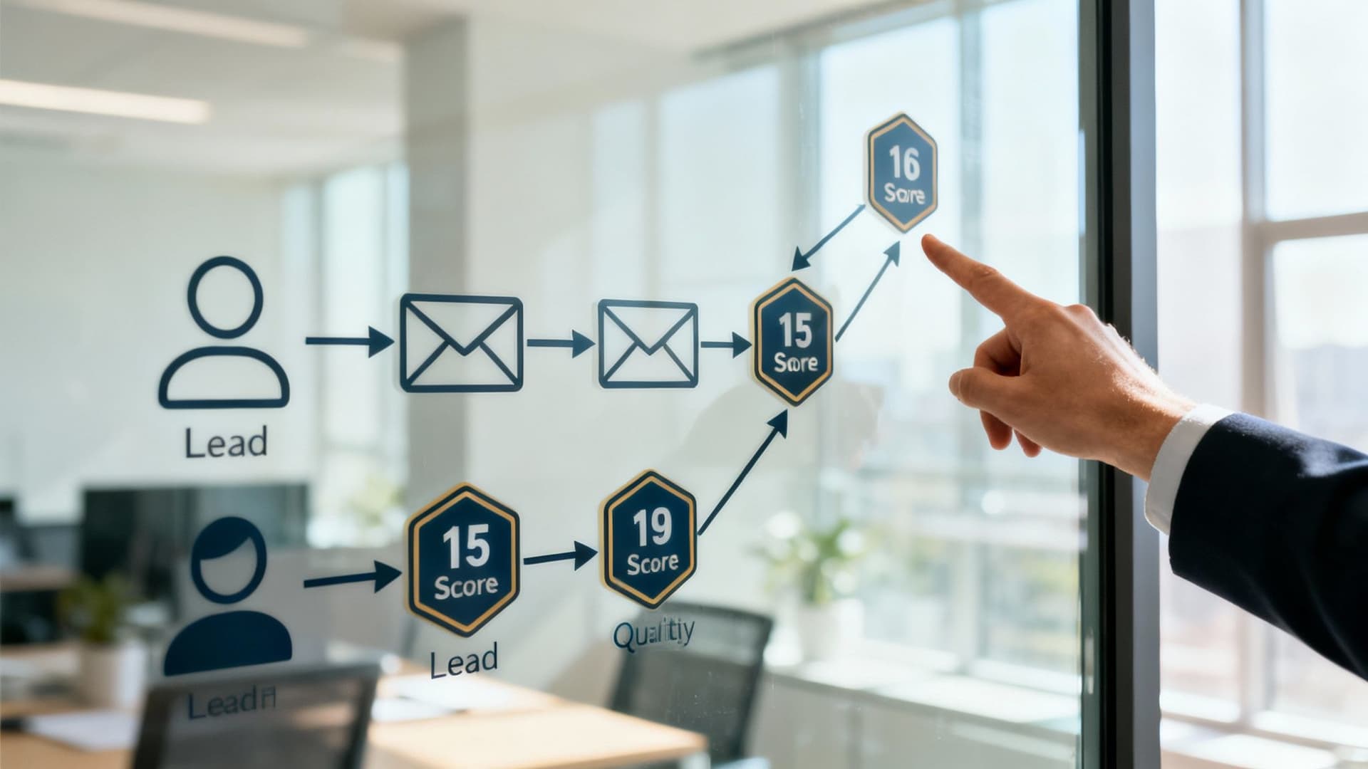 Businessman pointing at a digital flowchart on a glass board showing lead generation and scoring.