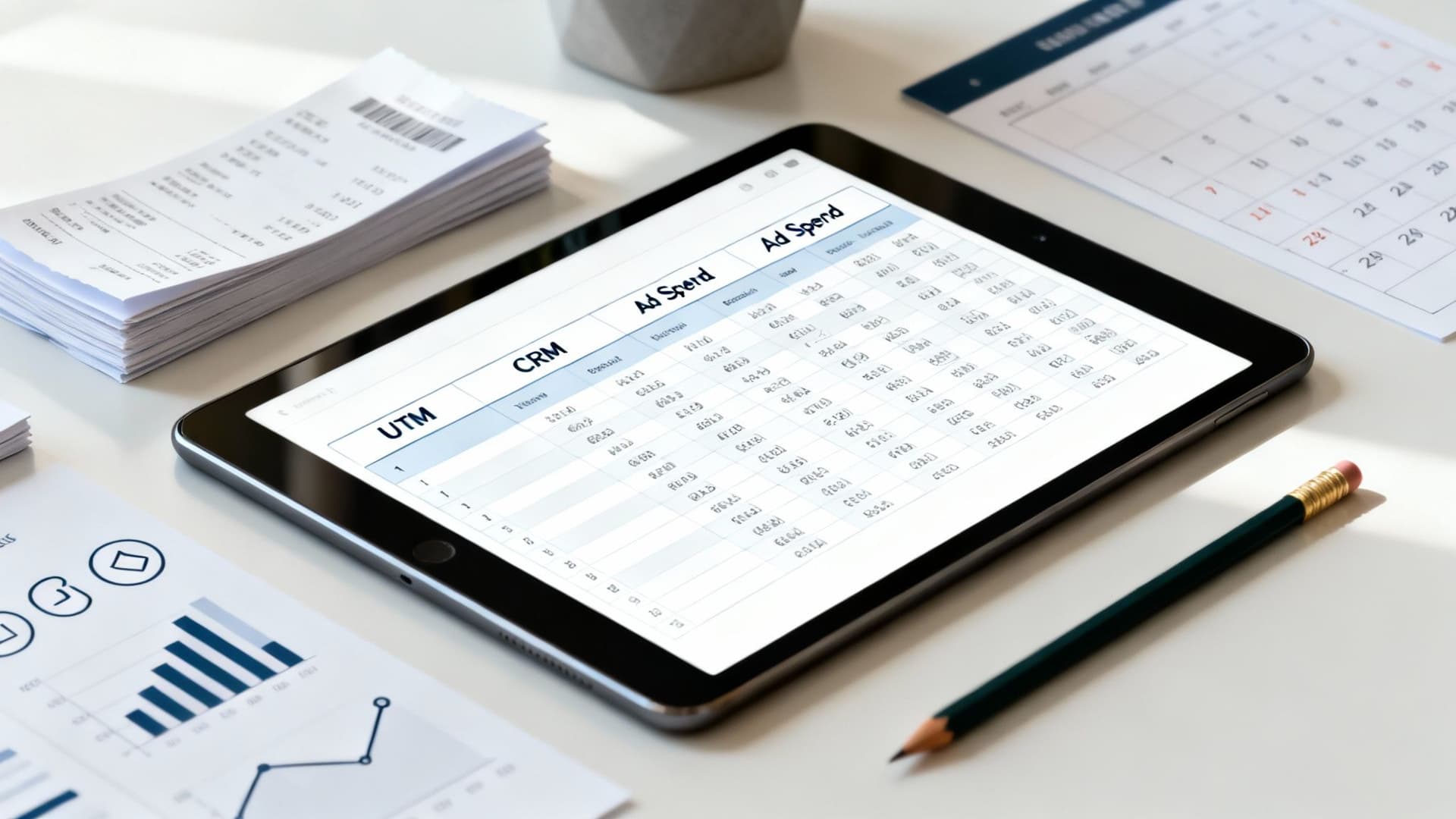 A tablet displays a marketing spreadsheet with Ad Spend and CRM data, surrounded by business documents and charts.