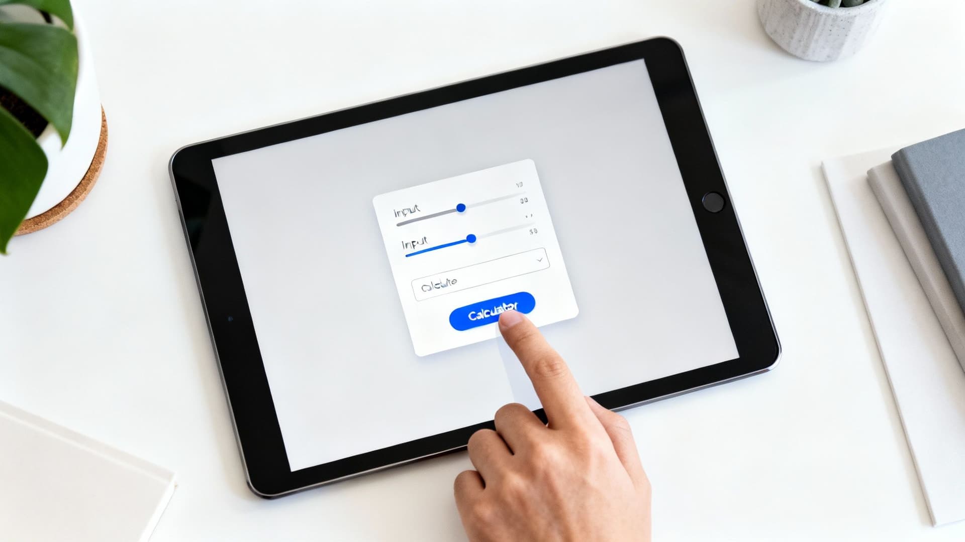 A finger presses a 'Calculator' button on a tablet, displaying input sliders on a white desk.
