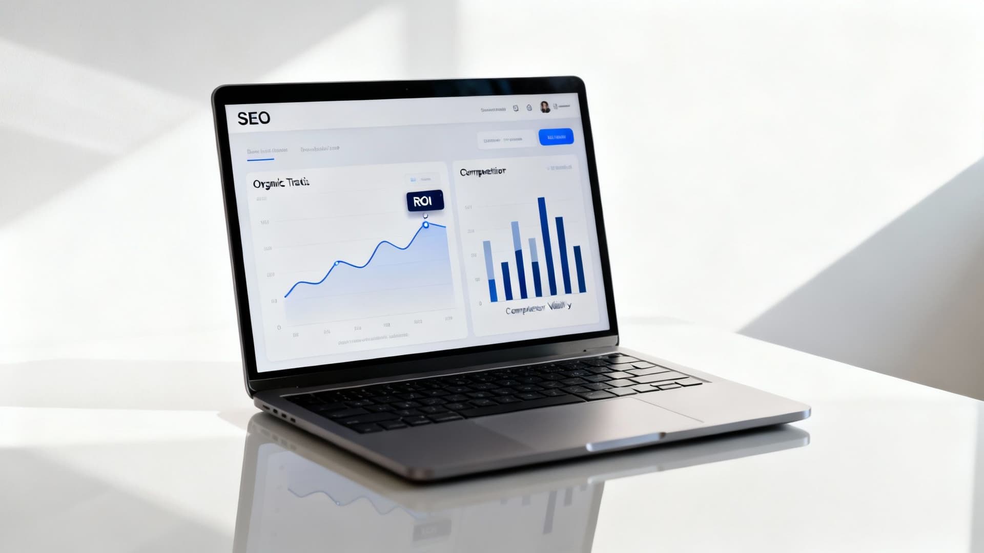 A laptop screen displays an SEO dashboard with 'Organic Traffic' and 'Competition' charts, showing performance data and ROI.