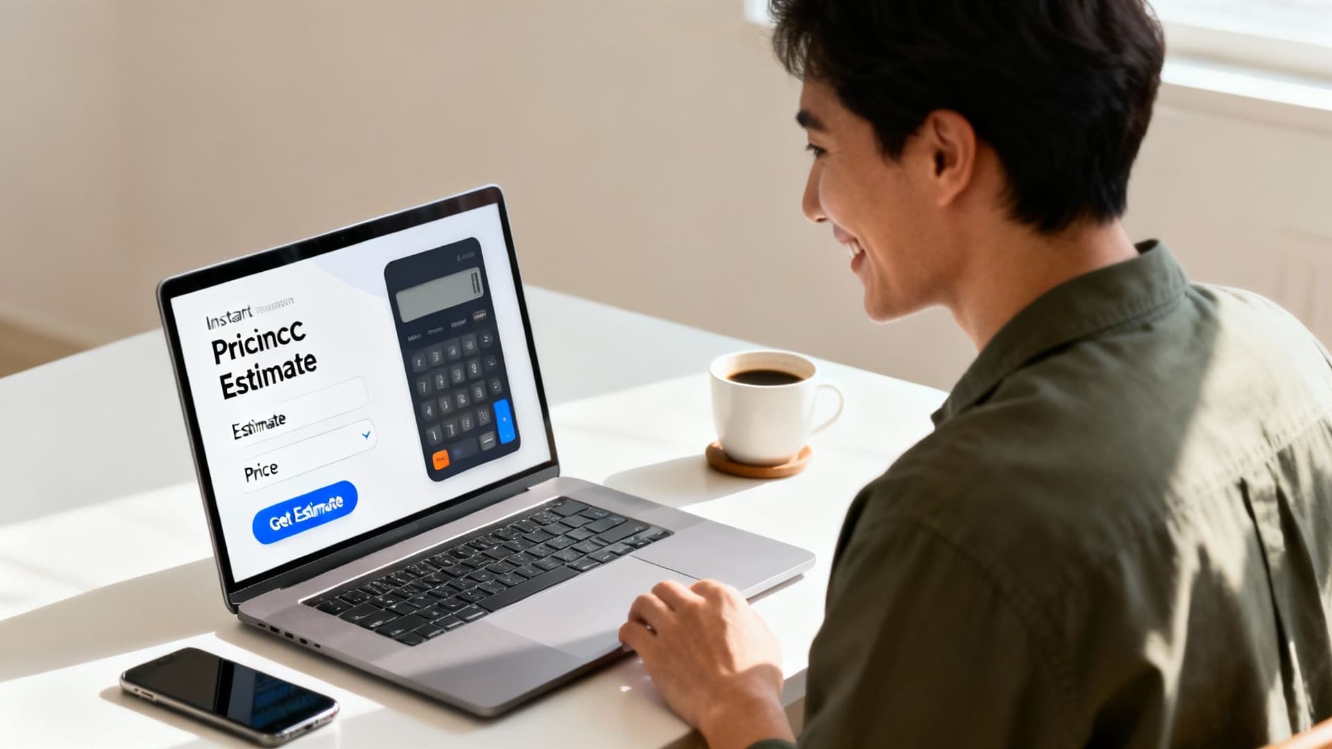 Smiling man using a laptop displaying a pricing estimate calculator, with a coffee cup nearby.