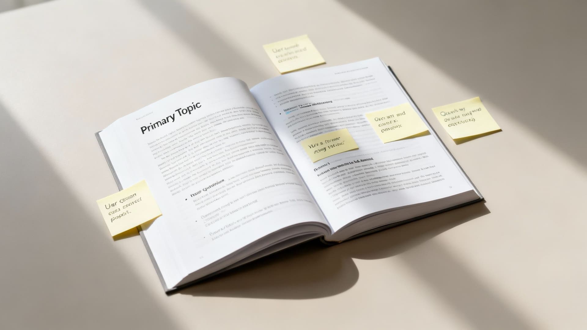 An open book with handwritten yellow sticky notes on a minimalistic light-colored desk.
