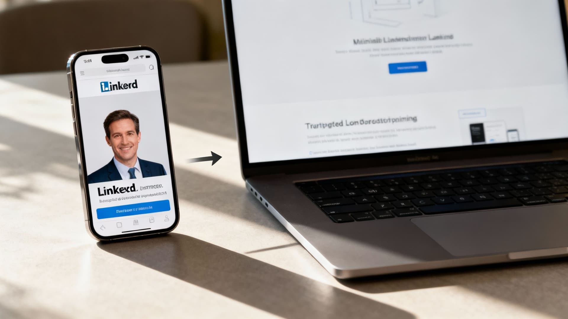 An iPhone shows a professional profile on the Linkerd app next to a laptop displaying a website.