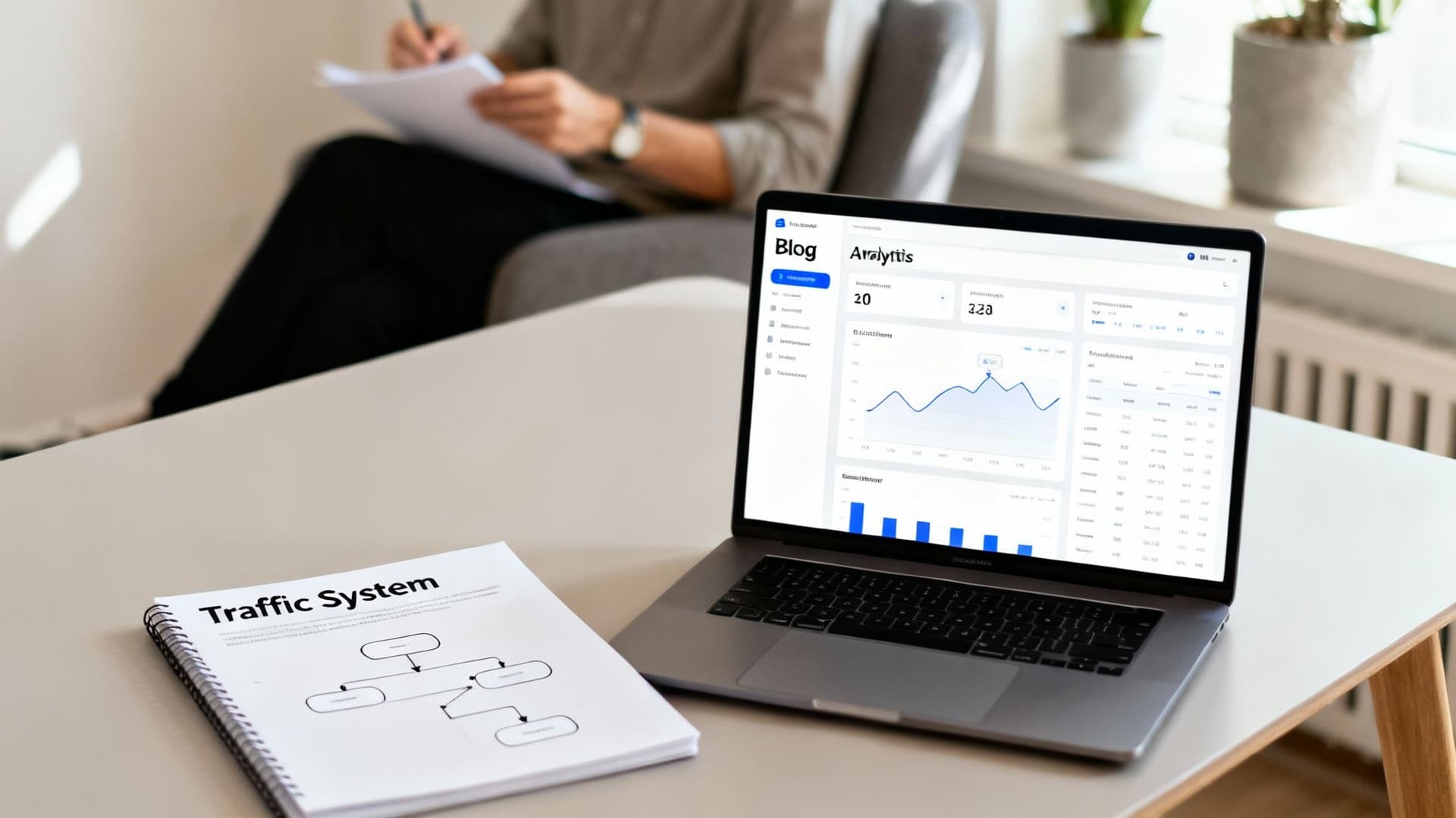 A person analyzing data on a laptop showing blog analytics, with a 'Traffic System' notebook on the table.