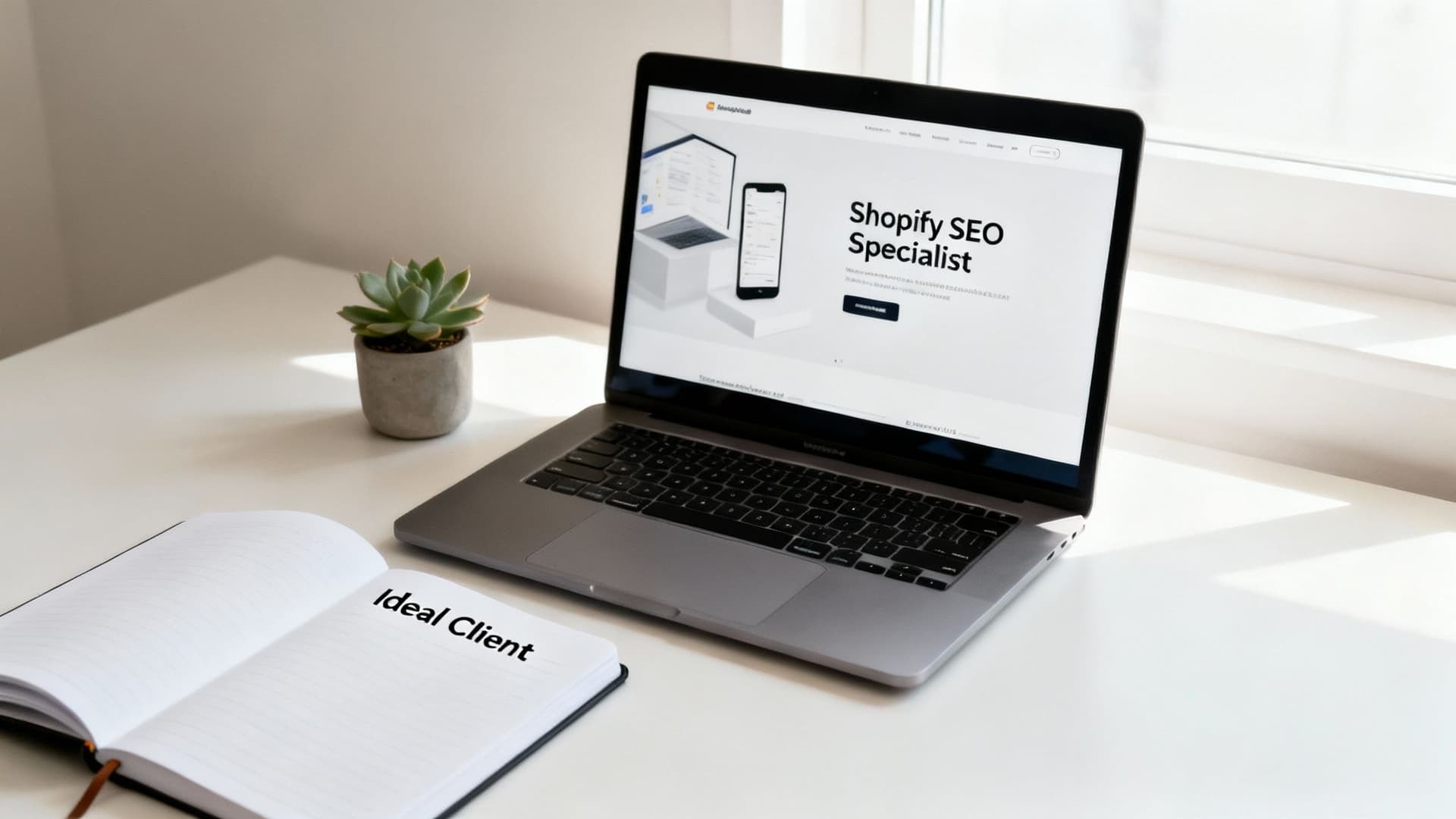 A laptop screen displays 'Shopify SEO Specialist' next to an 'Ideal Client' notebook and a succulent on a desk.