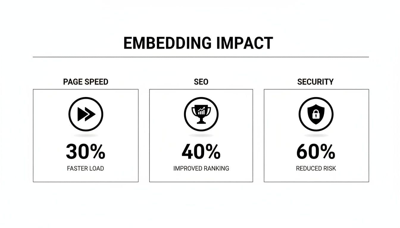 Infographic showing the positive impact of embedding: 30% faster load, 40% improved SEO ranking, and 60% reduced security risk.