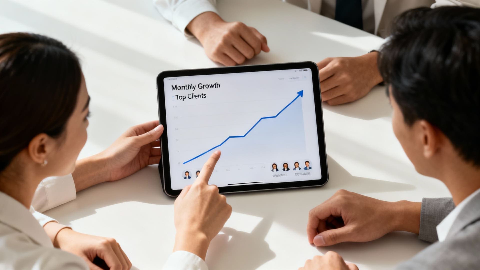 Three business people analyzing a monthly growth chart on a tablet, discussing customer engagement.