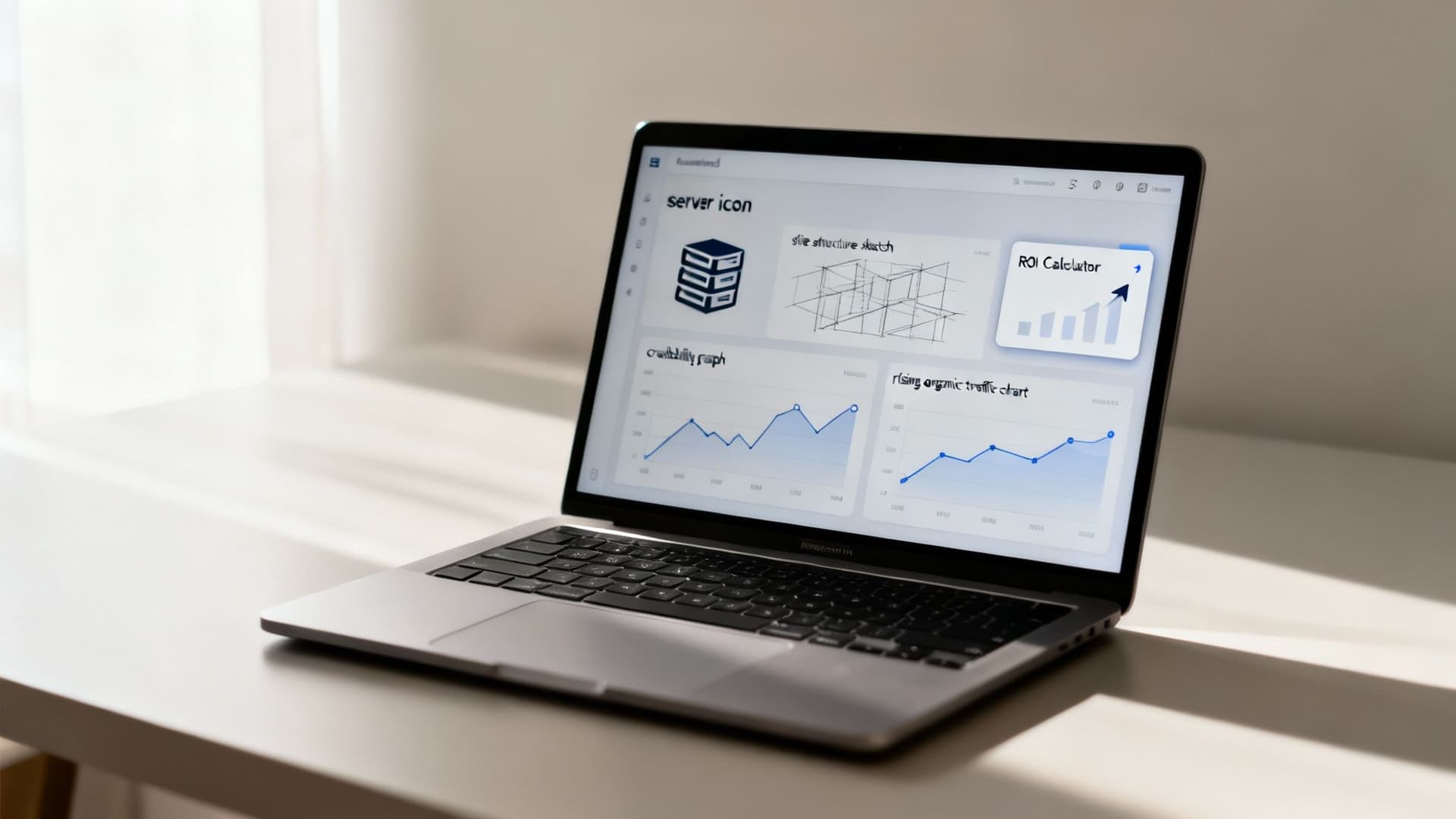 Laptop displaying a technical SEO audit dashboard with server icon, site structure, traffic charts, and ROI calculator.