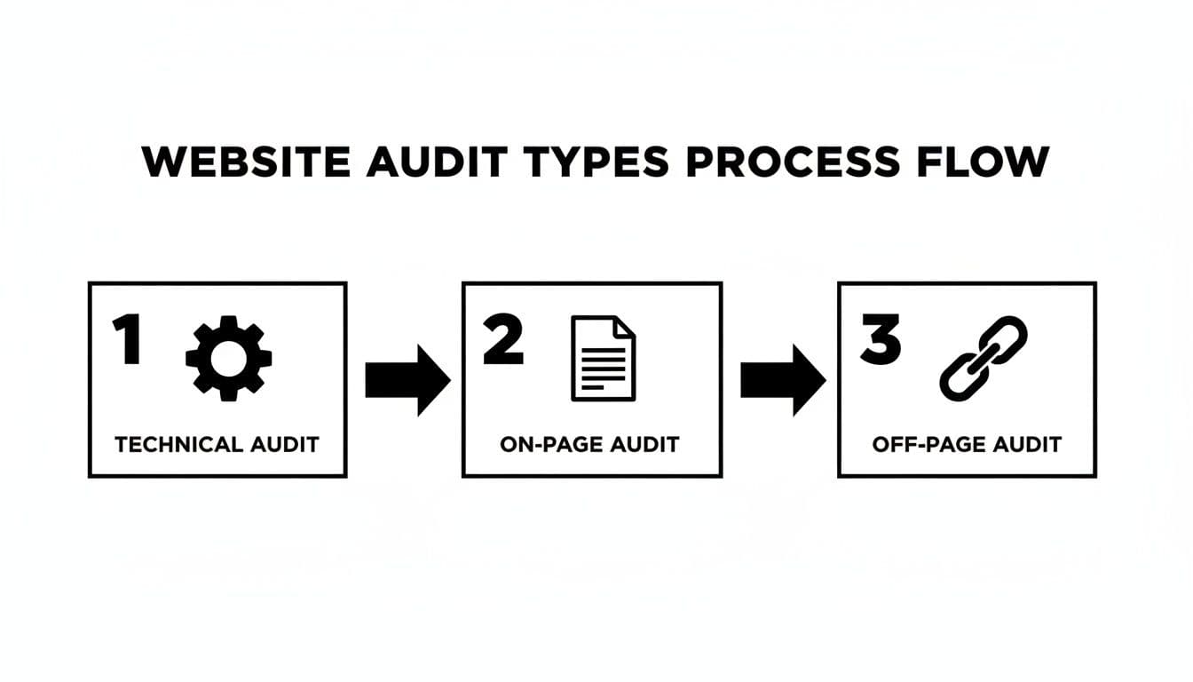 A process flow diagram illustrating three website audit types: technical, on-page, and off-page.
