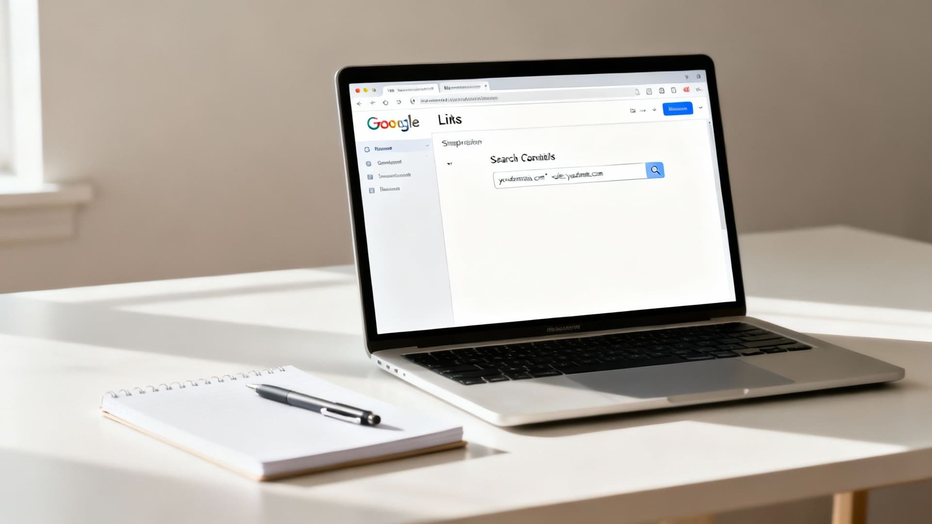 Silver laptop on a desk showing a Google search for a domain's external links.
