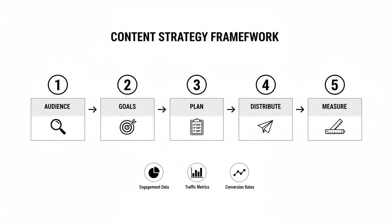 A content strategy framework diagram outlining five steps: Audience, Goals, Plan, Distribute, Measure, and key metrics.