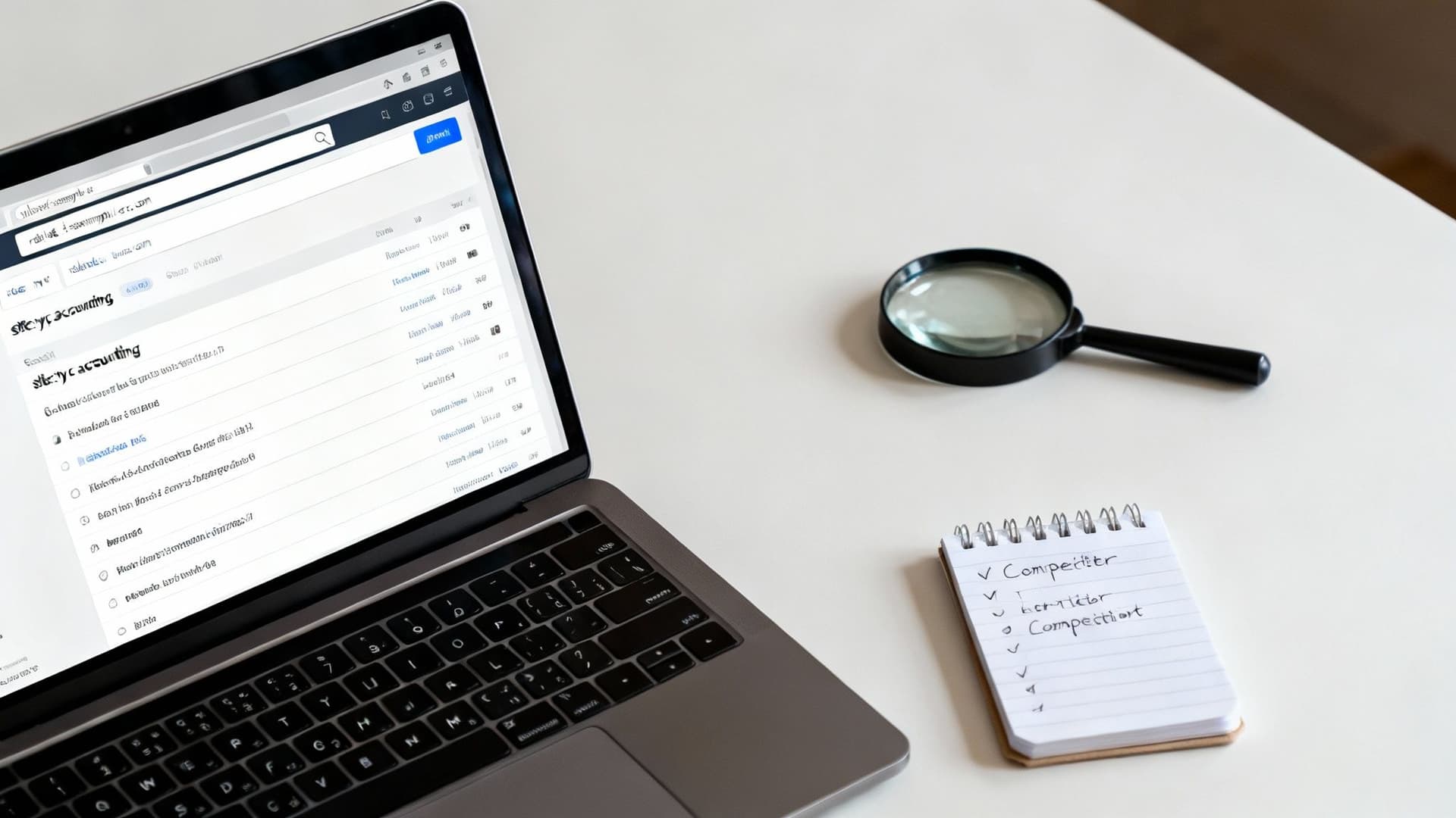 A laptop displaying search results, a magnifying glass, and a notebook with competitor analysis notes on a white desk.