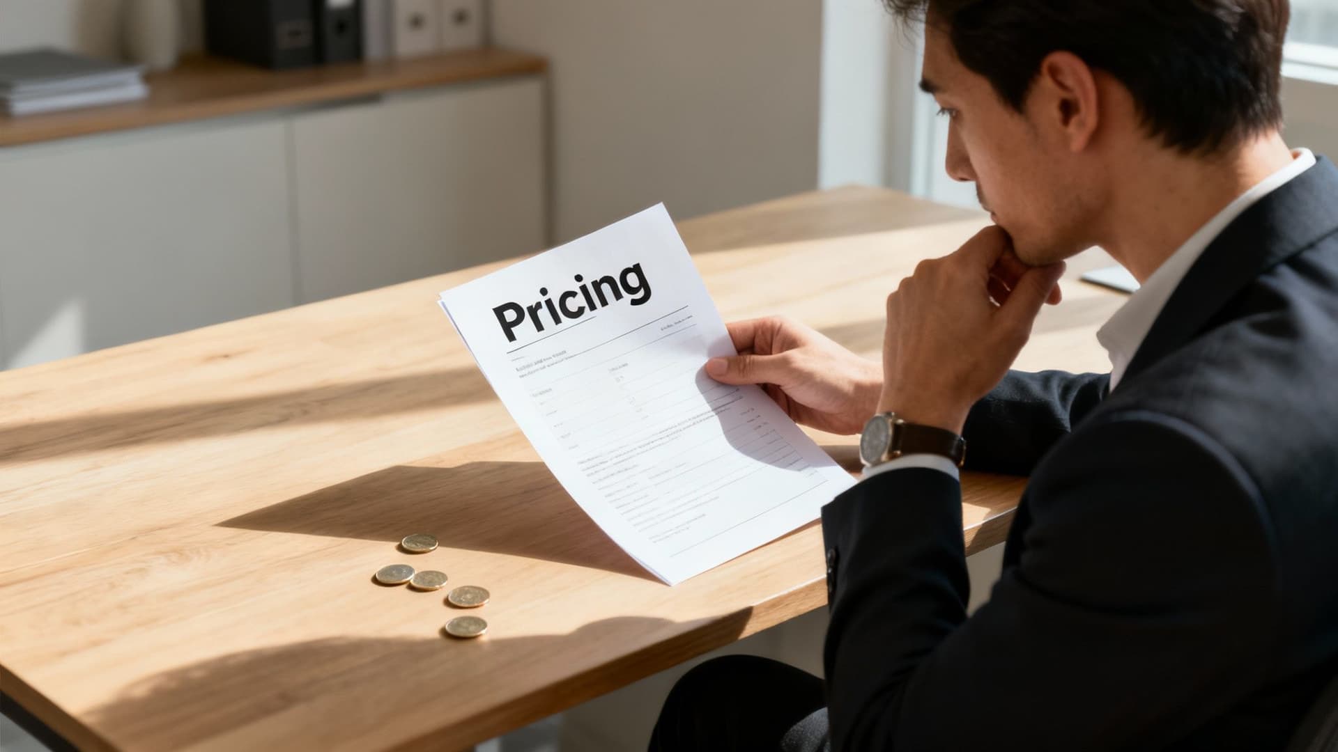A man in a suit thoughtfully reviews a 'Pricing' document, with coins scattered on a wooden desk.