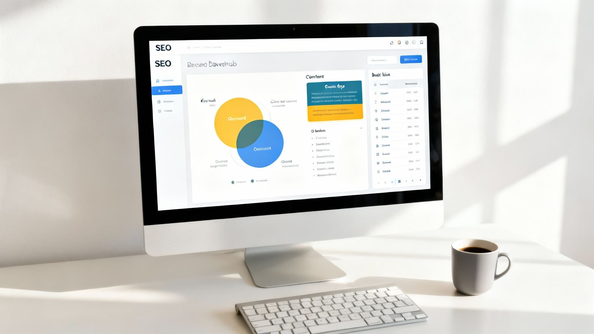 A desktop computer displaying an SEO dashboard with data charts, a keyboard, and a coffee mug.