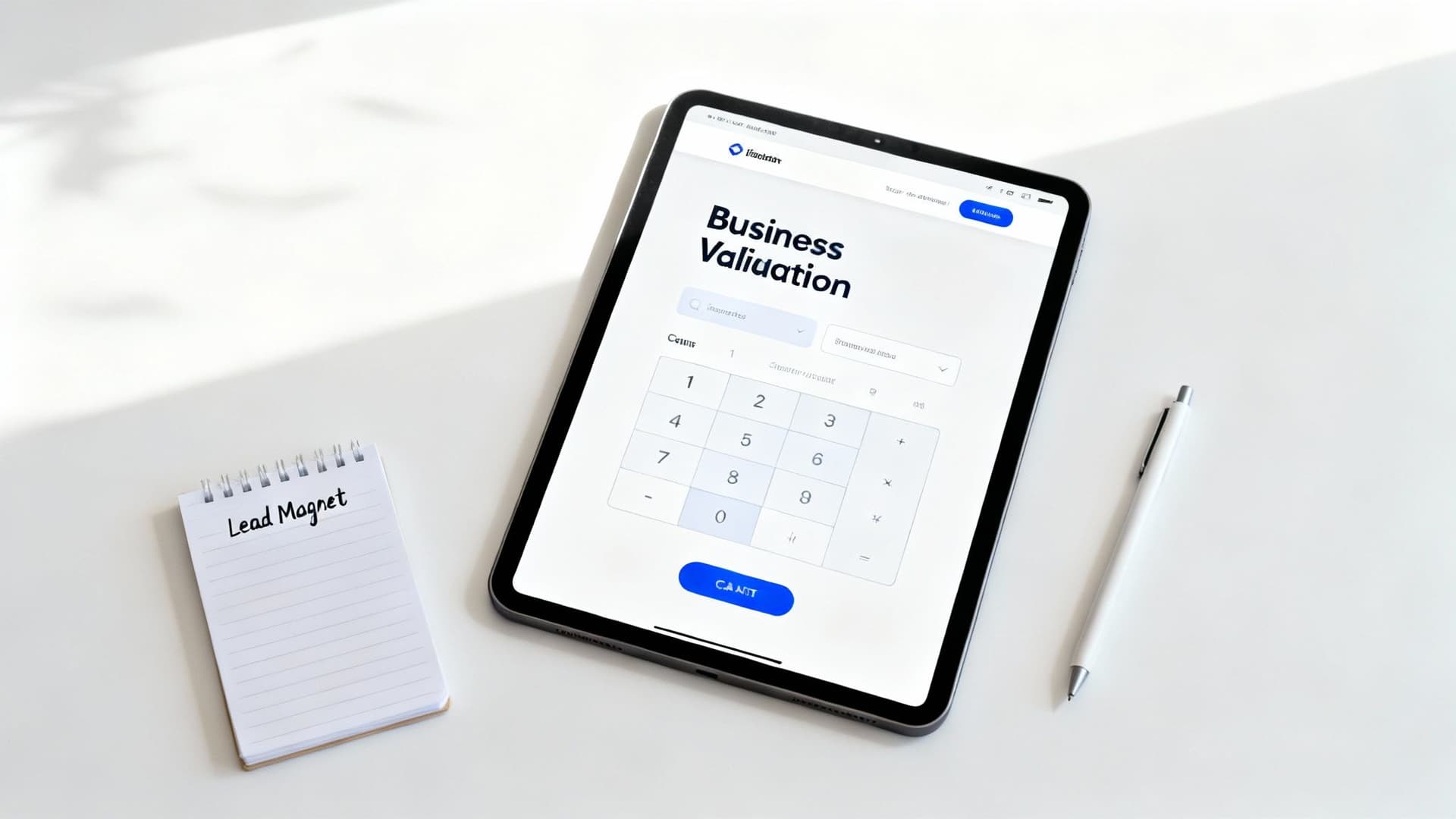 Tablet displaying a business valuation calculator, notepad labeled âLead Magnetâ, and a pen on a clean white desk.