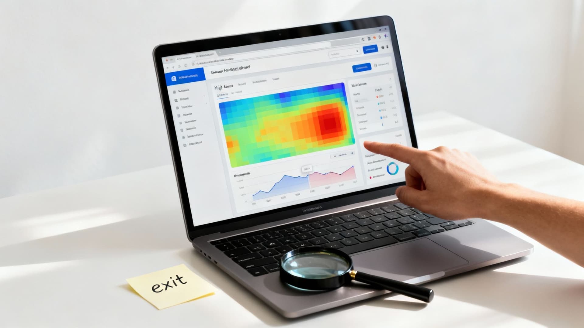 A hand interacts with a laptop screen showing a heatmap and graphs, a magnifying glass, and an 'exit' sticky note.