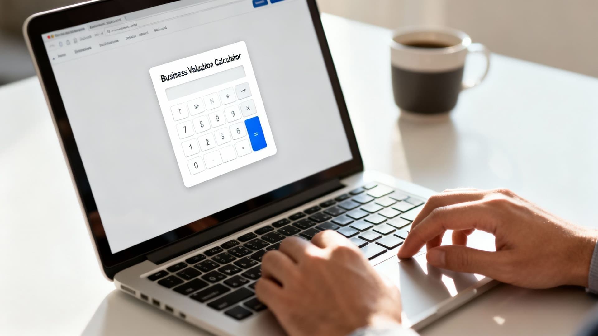 Person's hands typing on a laptop screen displaying a 'Business Valuation Calculator' app with a coffee mug.