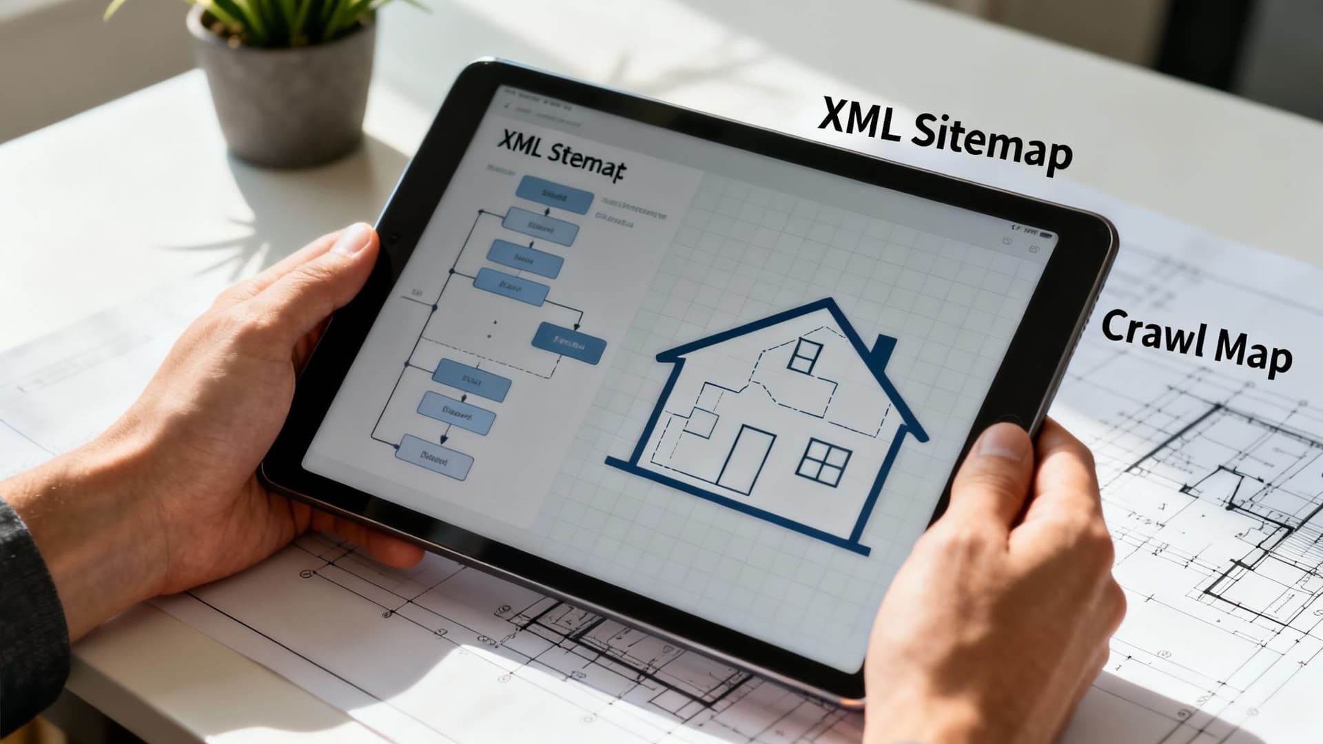 Person holding tablet displaying an XML sitemap flowchart and house blueprint, with 'Crawl Map' visible.