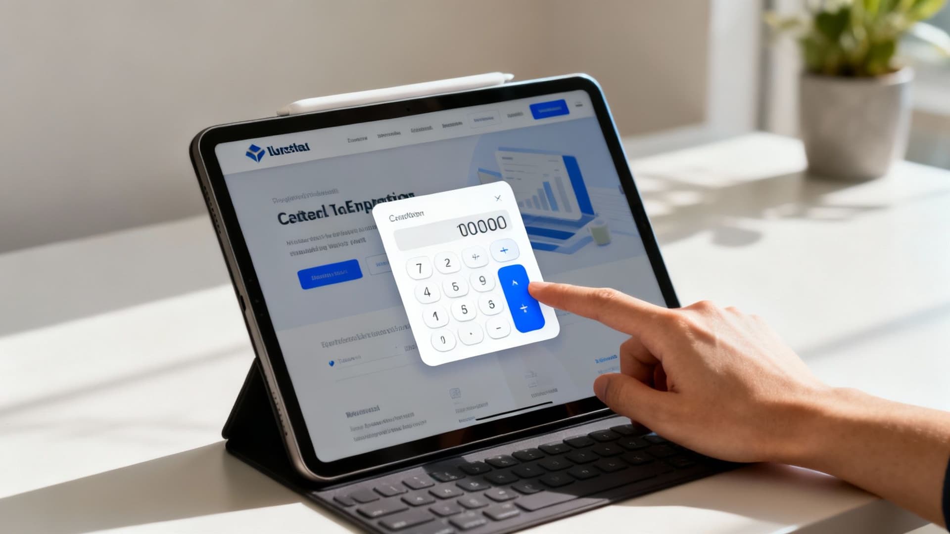 A hand interacts with a calculator app on a tablet computer, demonstrating digital productivity.