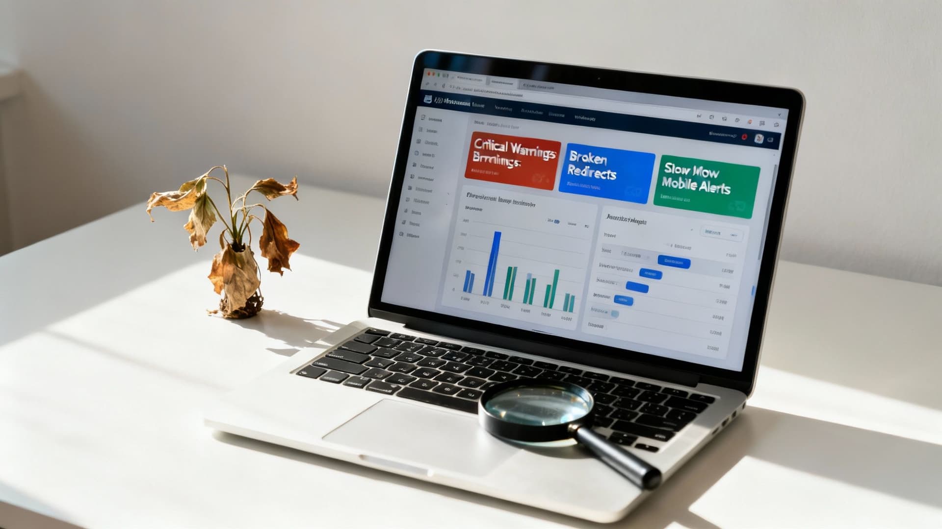 A laptop displays an SEO audit dashboard with critical warnings, next to a magnifying glass and a dead plant.