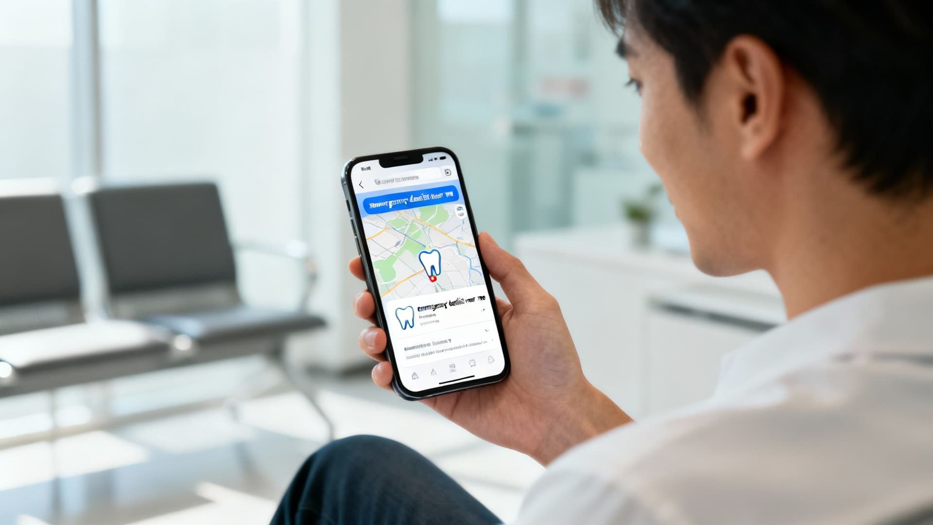 Man in a bright waiting room uses a smartphone app to find a nearby dentist.