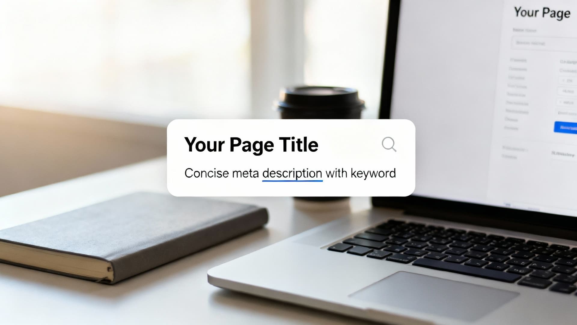 Laptop on a desk displaying an SEO search snippet with a page title and meta description.