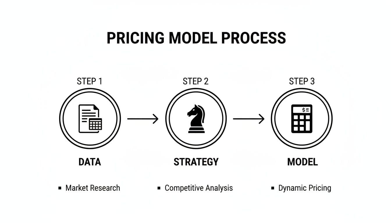 A diagram illustrating the 3-step pricing model process: Data, Strategy, and Model.