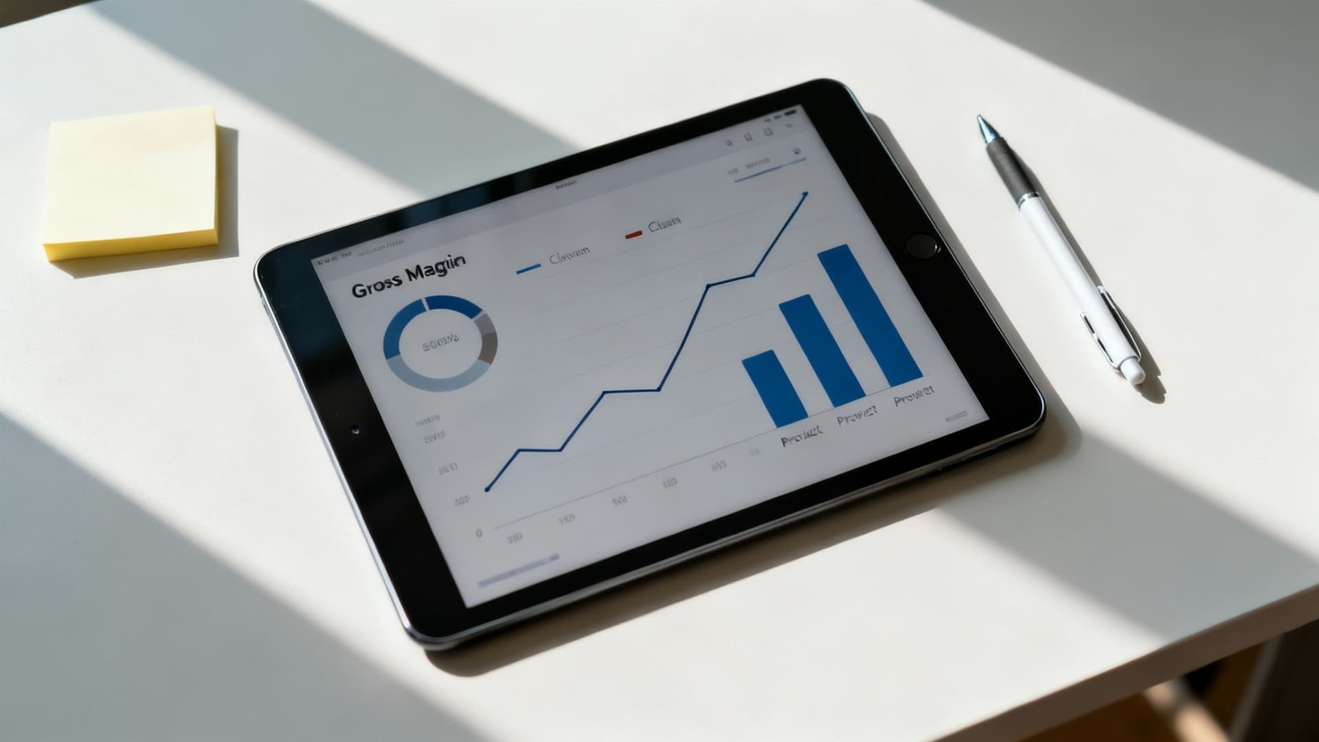 A business professional analyzing financial charts and graphs on a digital tablet, symbolizing financial tracking.