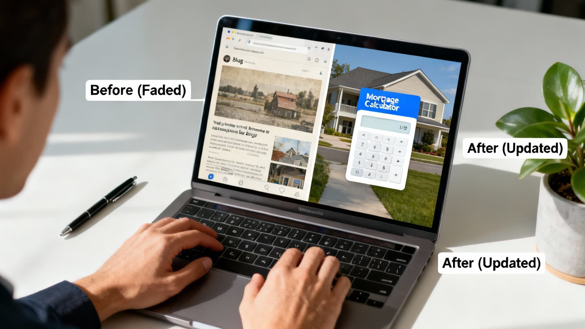A person types on a laptop displaying a faded blog post alongside an updated mortgage calculator application on a house background.