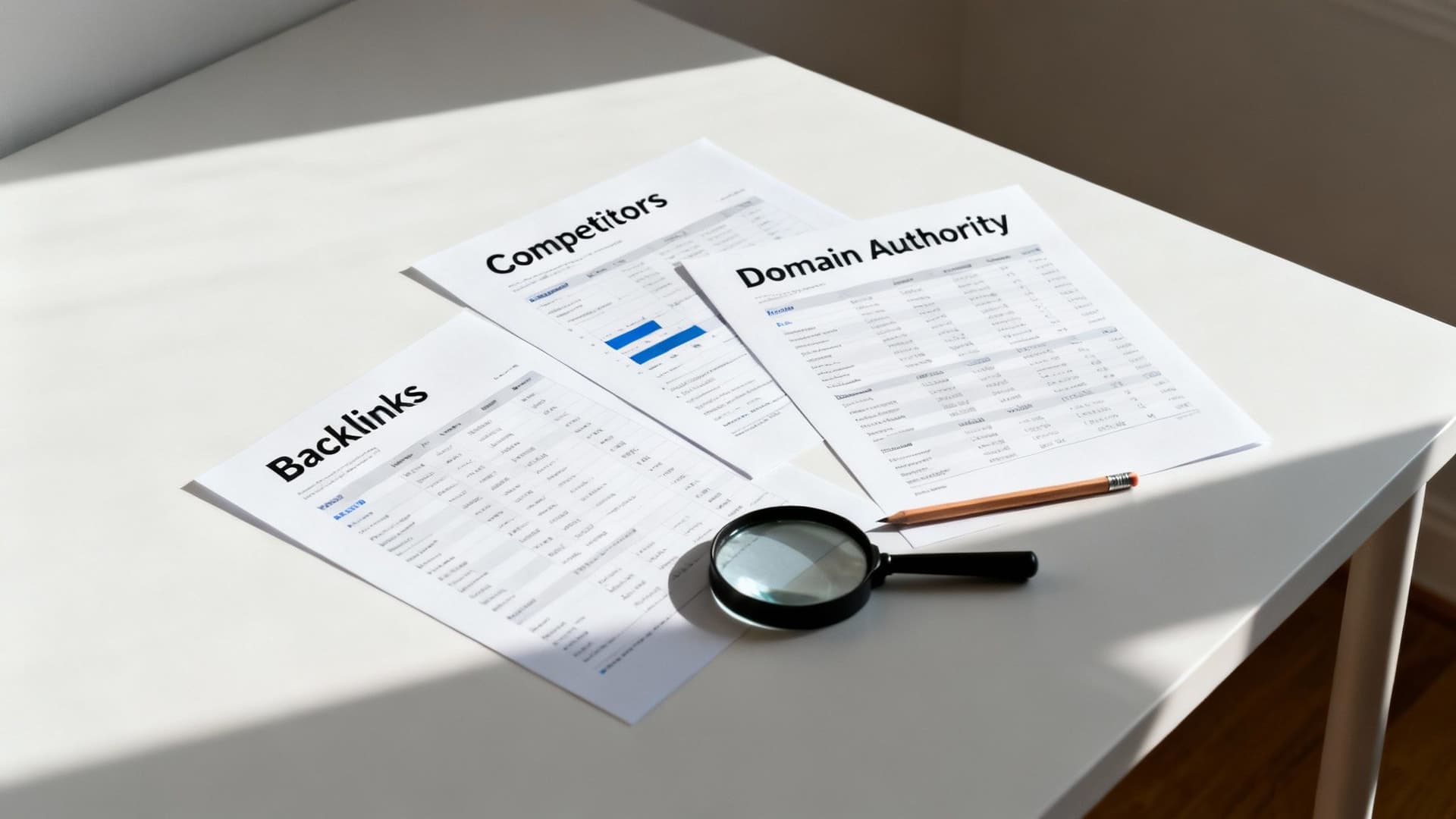 SEO analysis documents for backlinks, competitors, and domain authority with a magnifying glass on a white desk.
