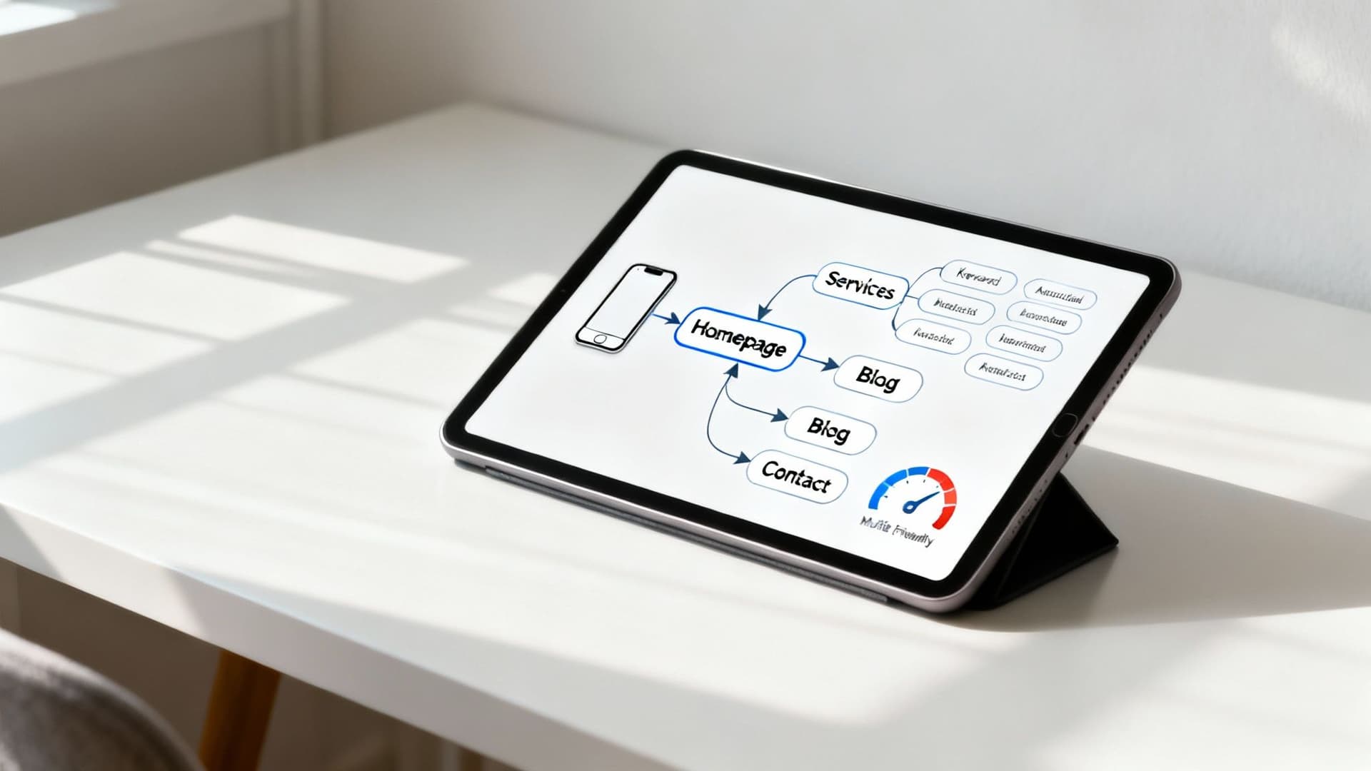 A tablet displays a website sitemap flowchart, showing homepage, services, blog, and contact sections with a mobile-friendly indicator.