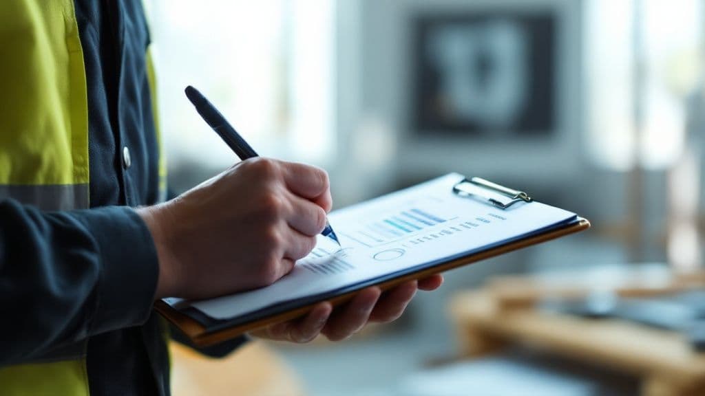 Construction worker checking a list of building materials on a clipboard at a busy construction site