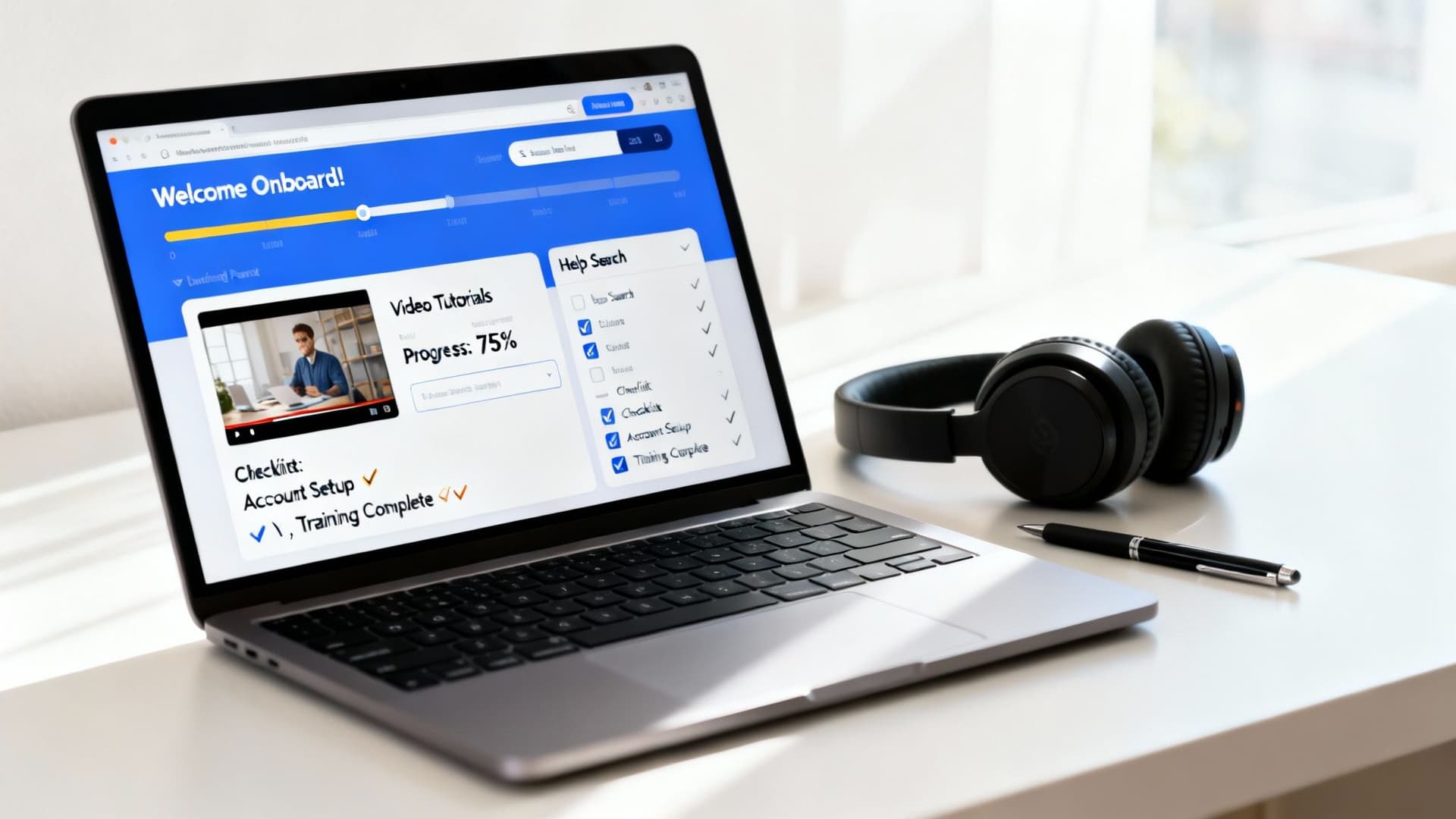 A laptop on a desk displays a "Welcome Onboard!" screen with video tutorials, a checklist, and headphones nearby.