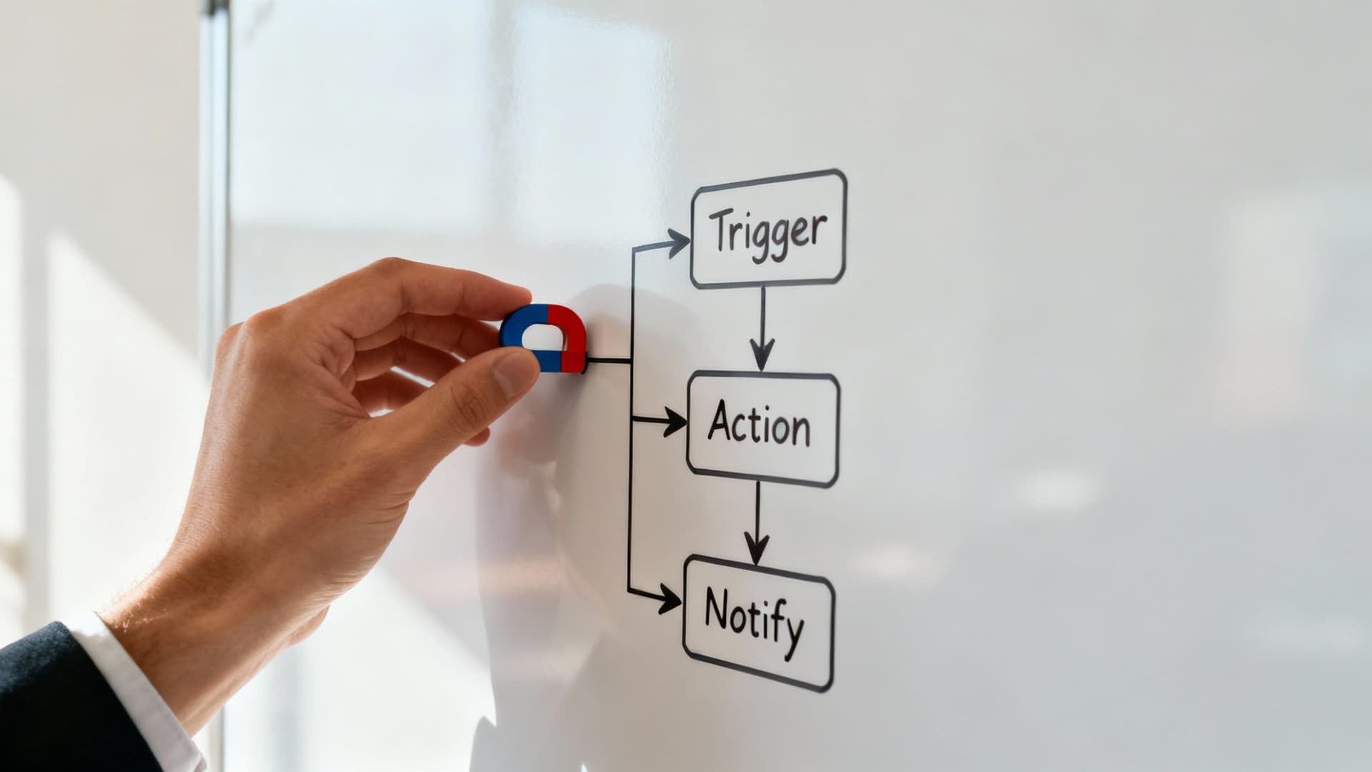 A person building a digital workflow on a screen, with icons connecting different apps.