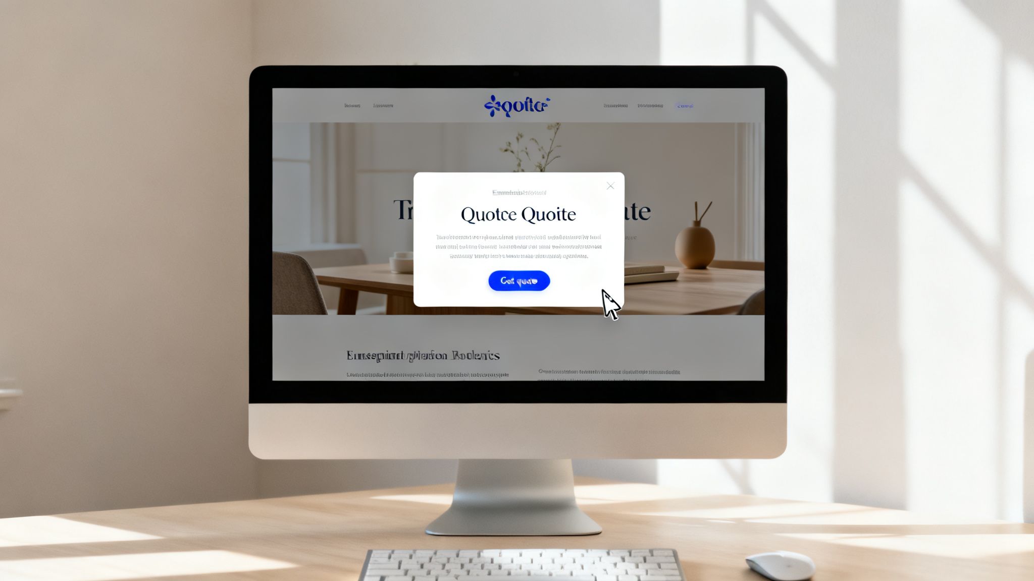 A desktop monitor displaying a website with a 'Get quote' modal pop-up on a light wooden desk.