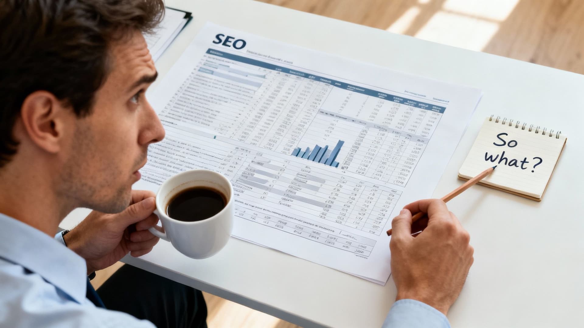 A person pointing at an SEO audit report on a laptop screen, highlighting key data points.