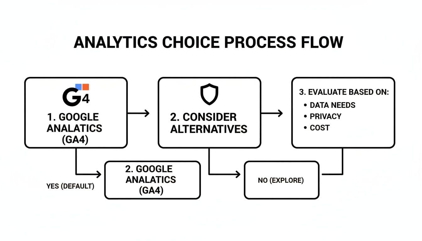 Flowchart detailing the analytics choice process, including Google Analytics GA4 and evaluating alternatives.