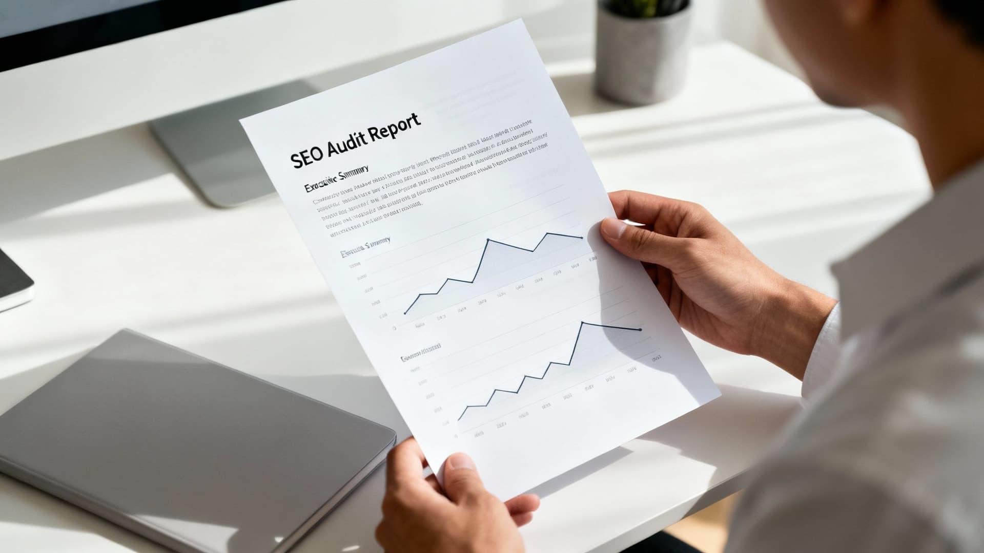 Close-up of a person holding an SEO Audit Report document with performance charts at a desk.