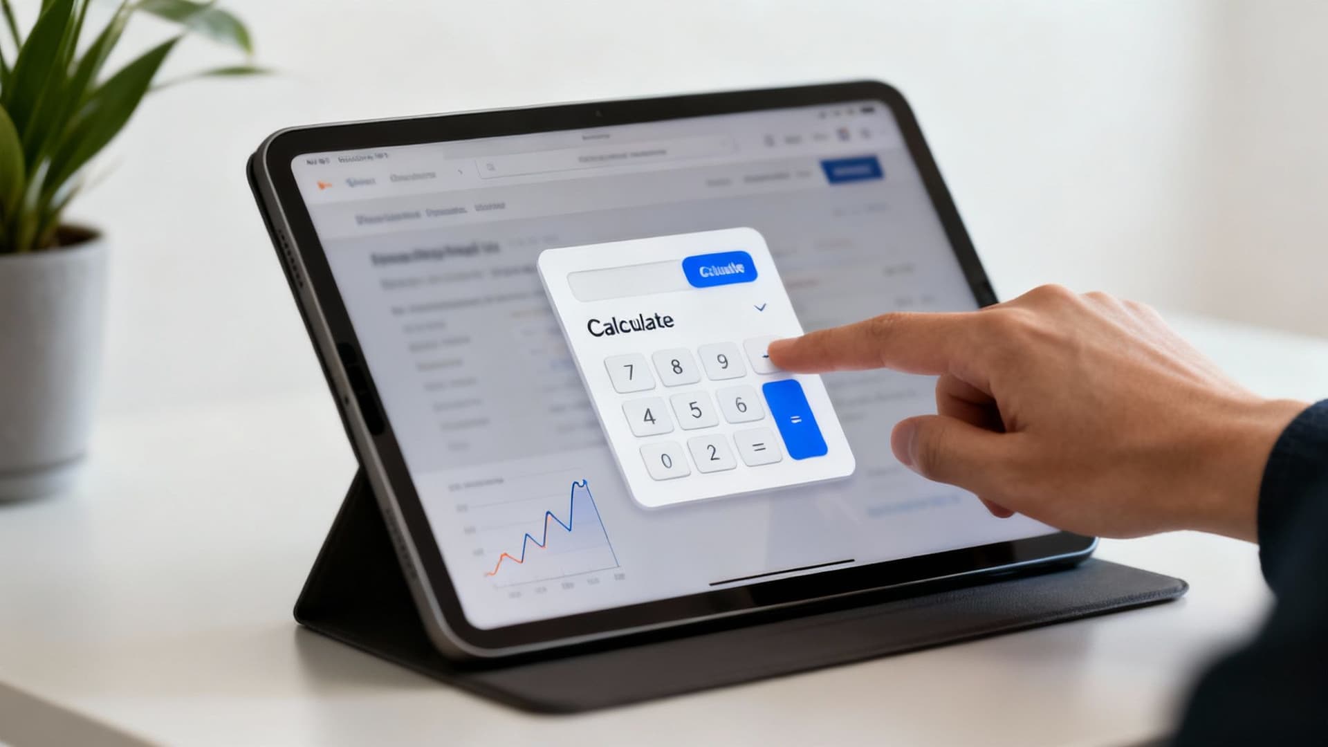 Close-up of a hand using a calculator app on a tablet displaying a graph on a white desk.