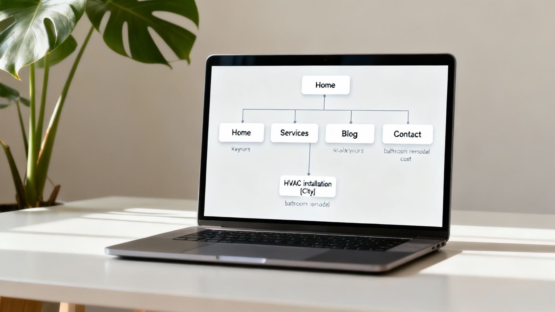 Website sitemap flowchart displaying navigation structure with home services blog and contact pages on laptop screen
