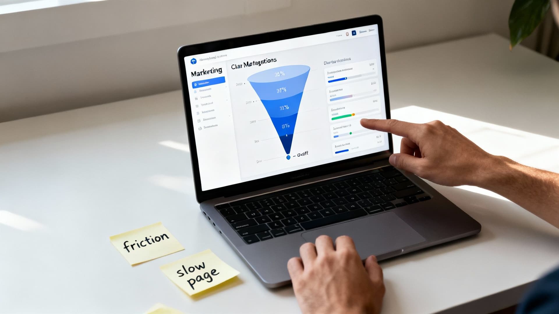 Person pointing at a marketing funnel on a laptop screen, with sticky notes.
