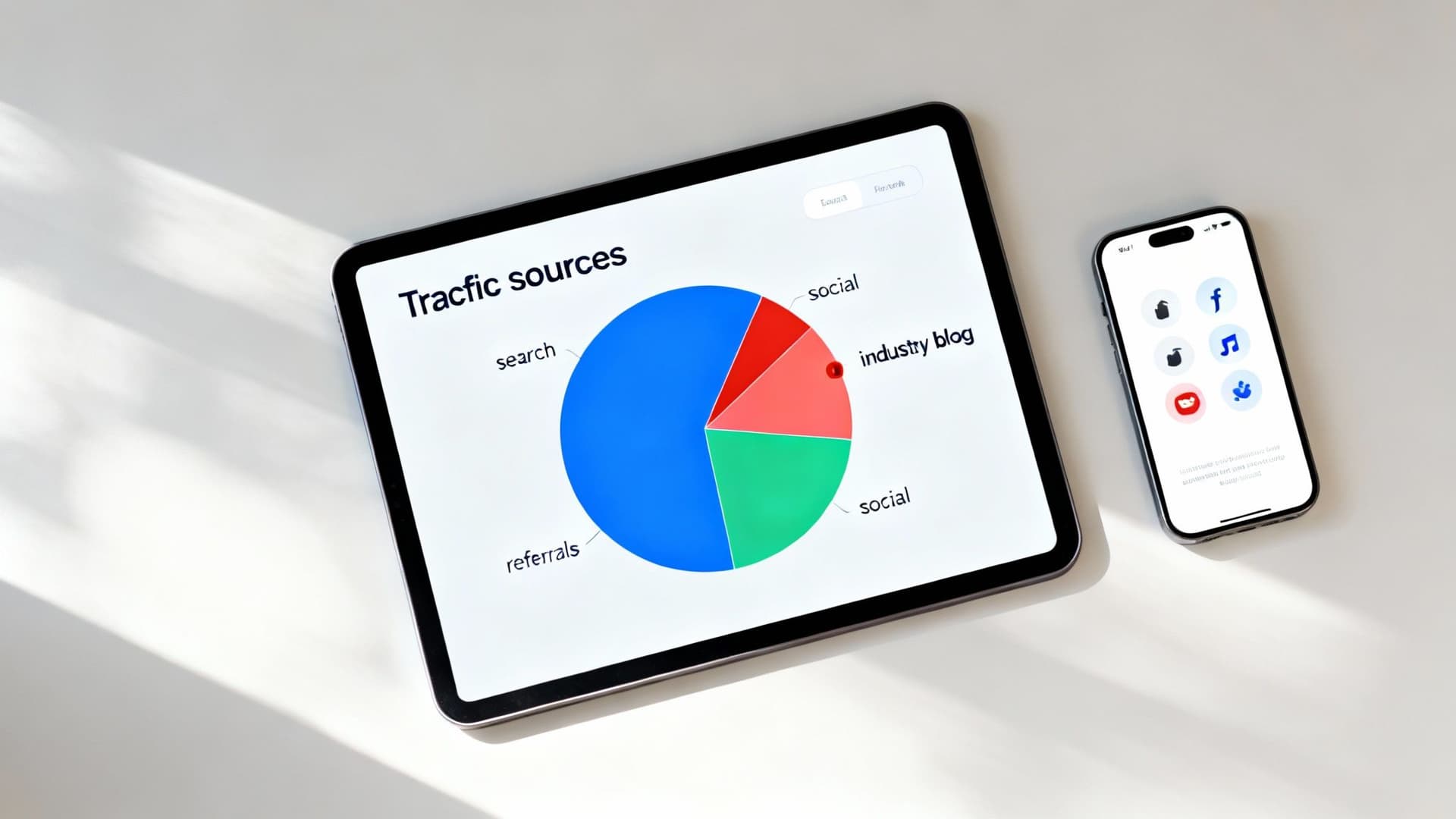 A tablet shows a pie chart titled 'Traffic sources' next to a smartphone with social media app icons.