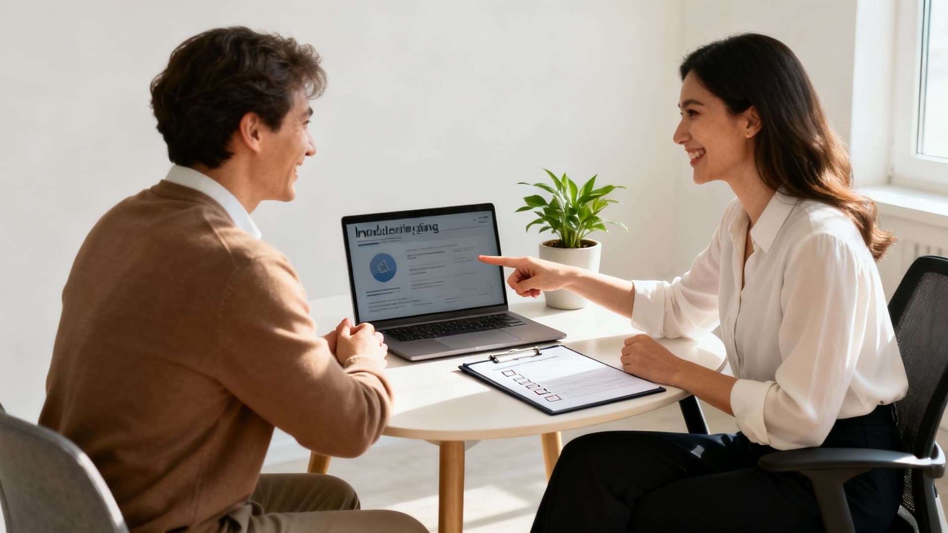 Two smiling professionals discussing information on a laptop, with a clipboard and plant on the table.